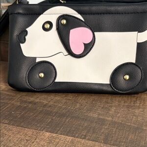 Betsey Johnson Black White Pink Dog Appliqué Wristlet Clutch
